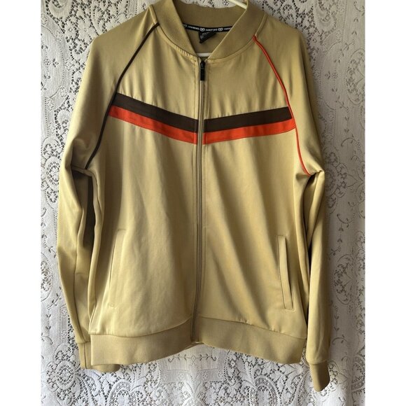 Jian Wang XL Men's 2 Pc Retro Zip Up Pockets Beige Striped Trim Track Suit - Picture 3 of 11